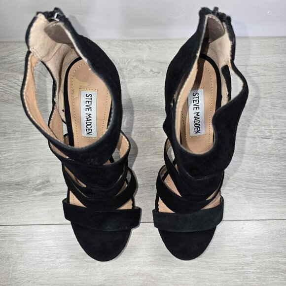 Steve Madden Strappy Platform Shoes Sz 8 Black Suede Ultra High Heels Stiletto - Picture 5 of 8